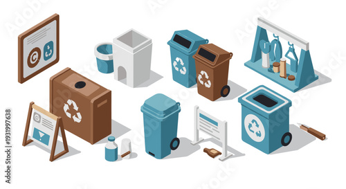 Isometric recycling bins and eco-friendly waste management icons collection