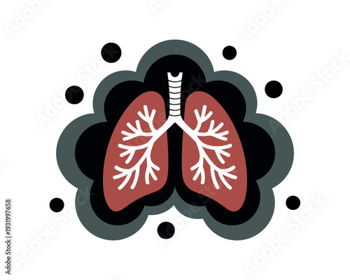 An illustration of human lungs with trachea and bronchi, surrounded by a cloud-like shape with black dots on a white background.