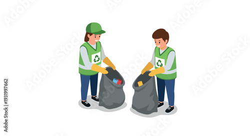Isometric characters recycling together in eco-friendly scene