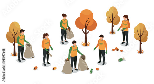 Isometric autumn cleanup: volunteers collecting litter in a park setting