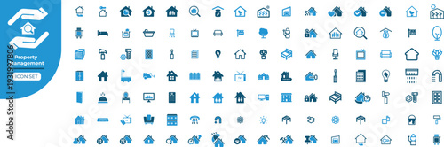 Property management icon set including real estate services maintenance home repair insurance investment and residential building facilities symbols