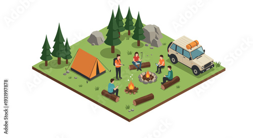 Outdoor adventure with campfire, tent, and jeep in isometric forest scene