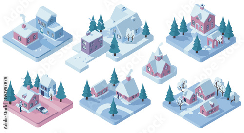 Charming winter isometric neighborhood with snow-capped houses and pines