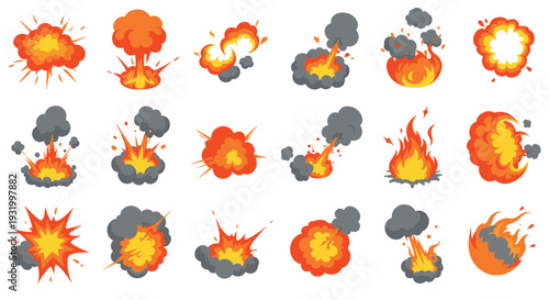 Collection of cartoon explosions and flames in various styles for dynamic designs