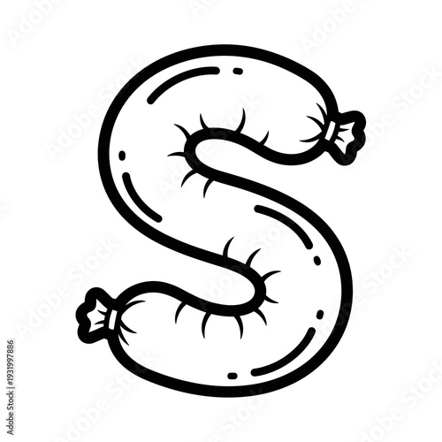 Stylized Sausage S Letter Character Design in Black and White: Whimsical Food Alphabet for Kids, Funny Culinary Icon for Butcher or Deli Logo Design, Outline Vector Illustration for Fun Learning Resou