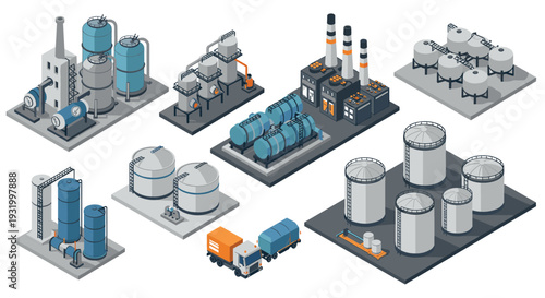 Industrial factory set with isometric oil tanks and equipment