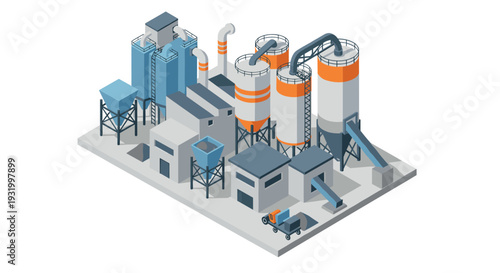 Isometric urban factory scene depicting modern industrial buildings with silos and equipment