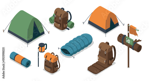 Outdoor camping gear set in isometric style with tents, backpacks, and accessories