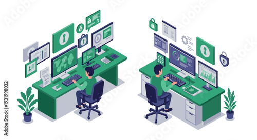 Isometric office workspace with computer screens and security icons