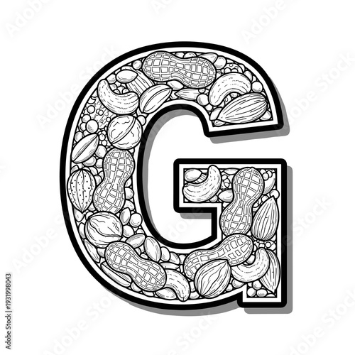 Nutty Alphabet “G” Design Illustration: Letter Filled with Peanuts, Almonds, Hazelnuts for Culinary Design, Gourmet Recipes, and Snacks Packaging – Detailed Black and White Line Art, Alphabetical Elem