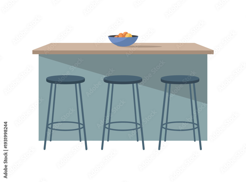 Fototapeta premium Three bar stools sit by a kitchen island with.