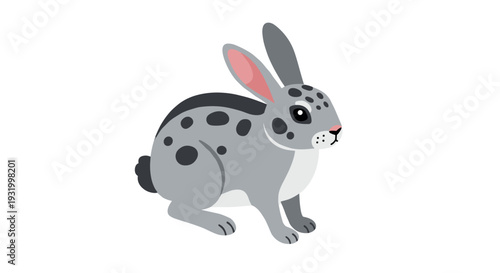 Cute spotted rabbit with gray fur and pink ears on white background