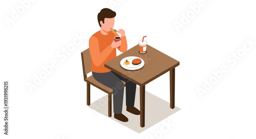 Isometric dining scene with person eating noodles at a table