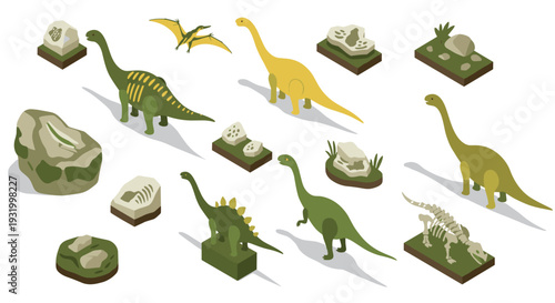 Isometric dinosaur set: prehistoric creatures and fossils for educational graphics