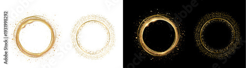 PNG image of Collection of four elegant shimmering gold glitter circular frames featuring swirling light effects on transparent background