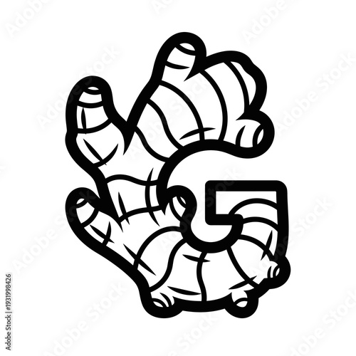 Ginger Root Forming Letter G Logo: Organic Food Emblem, Herbal Remedy Symbol in Retro Black and White Design for Asian Market Branding, Restaurant Menu Design, Healthy Eating Campaign, Spice Advertise
