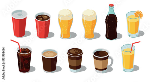 Colorful selection of popular drink icons in isometric style