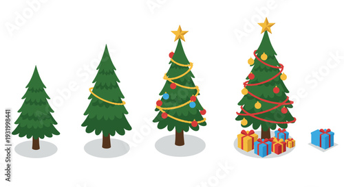 Isometric evolution of decorated christmas trees with gift boxes