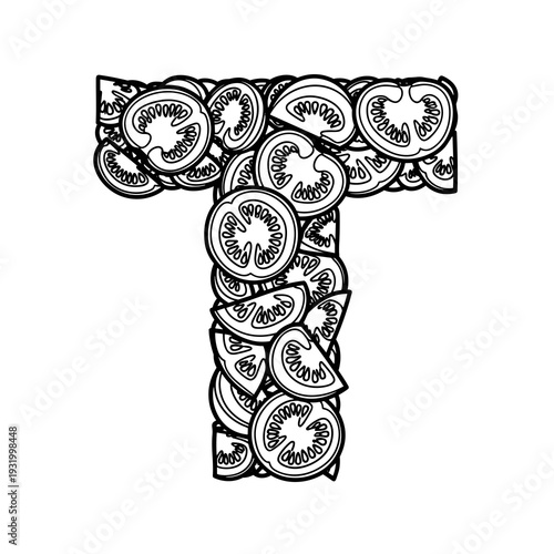 Tomato Letter T Design: Vegetarian Alphabet Symbol Illustration, Healthy Eating Concept for Restaurants,  Organic Produce Markets, Fresh Food, Gardening, Lettering Design, Culinary Arts, Vegan Icon, 
