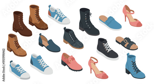 Isometric footwear collection: sneakers, boots, sandals, and heels in diverse styles