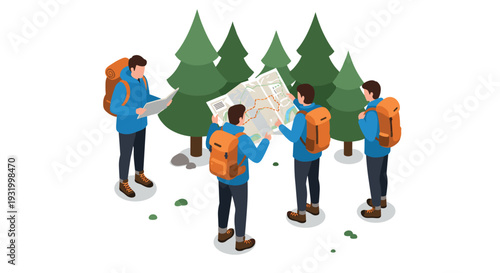 Isometric hiking adventure: group navigating forest trails with map and backpacks
