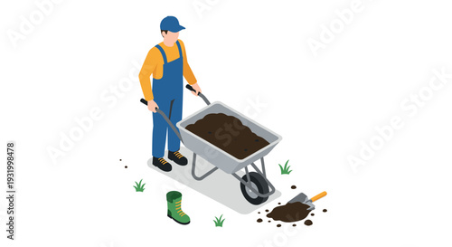 Gardener in overalls with wheelbarrow and tools on lawn