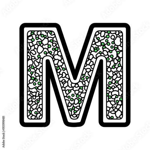 Stylish Letter M Illustration with Decorative Pattern Fill,  Modern Design for Branding, Creative Art Project, Educational Materials, Funky Graphic Element, Black Outline, Alphabetical Lettering Desig