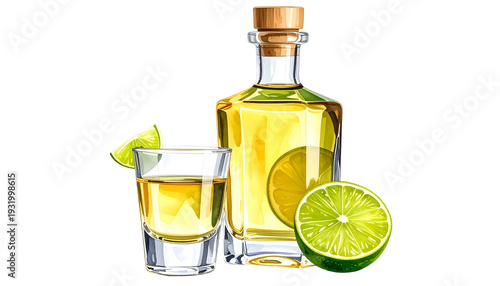Digital illustration of tequila bottle, shot glass, and limes, on a black background
