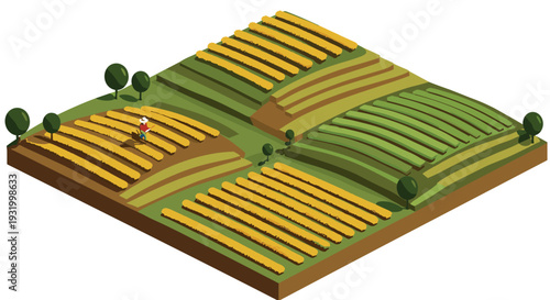 Isometric farming landscape with lush fields and farmer in vibrant colors