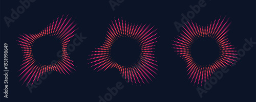 Circular audio spectrum set. Abstract radial sound wave equalizer with halftone dots. Music rhythm visualizer collection