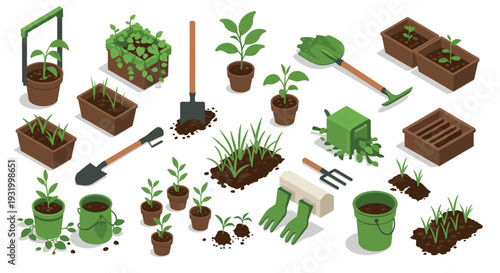 Isometric gardening tools and plants set for urban garden designs