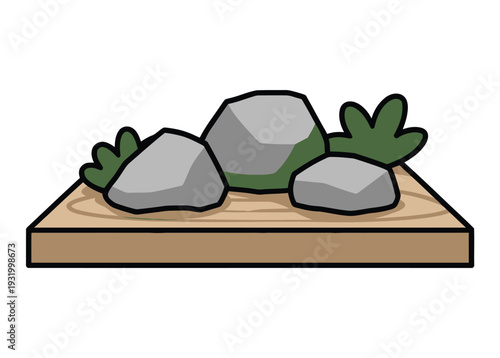 Three gray rocks rest on a wooden platform.