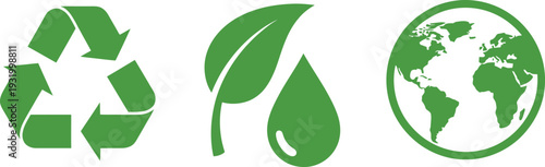 Green icons for eco friendly and environmental conservation concepts  recycling leaf globe symbols