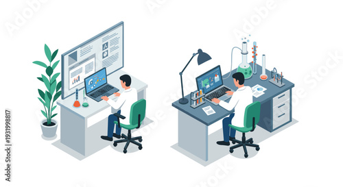 Isometric office and laboratory scenes with professionals at work