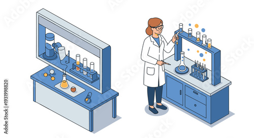 Isometric laboratory scene with scientist conducting experiments in modern lab setting