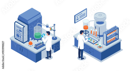 Isometric lab research scene with scientists and laboratory equipment