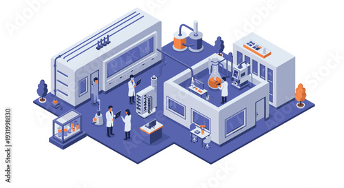 Modern isometric laboratory with scientists working in high-tech research facility
