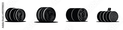 Round Hay Bale Vector Set - Agriculture Harvest Silage Icons for Farming and Ranching Design - Isolated Black and White Illustrations of Rolled Straw and Forage Bales