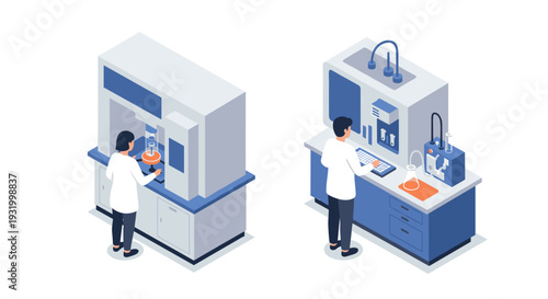 Isometric laboratory scene with scientists operating advanced research equipment
