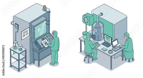 Isometric laboratory illustration featuring automated machines and scientists in research environment