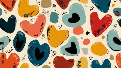 Hearts in a cute retro doodle style creating a vibrant seamless pattern. Seamless heart pattern representing love and romance