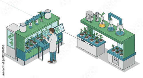 Isometric plant research lab with scientist analyzing data on growth monitors
