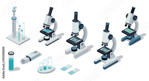 Scientific equipment collection featuring microscopes and lab tools in isometric style