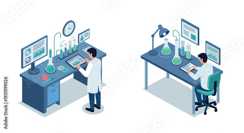 Isometric laboratory scene with scientists analyzing data and research equipment