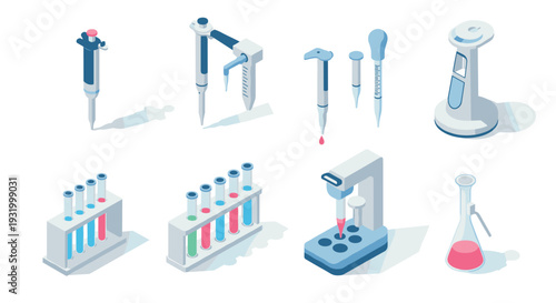 Isometric lab equipment set: pipettes, test tubes, and scientific instruments in modern design