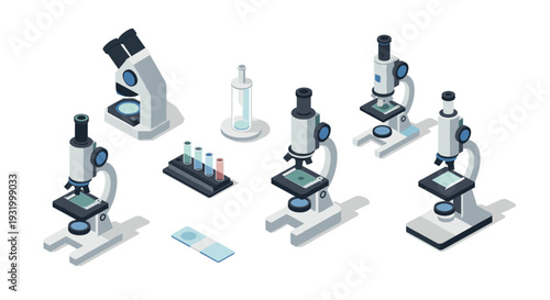 Isometric laboratory equipment set with microscopes and test tubes