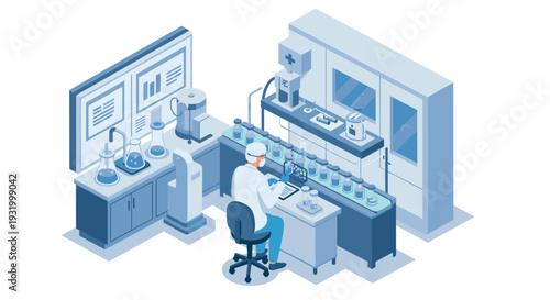 Isometric laboratory with scientist conducting research in modern lab setting