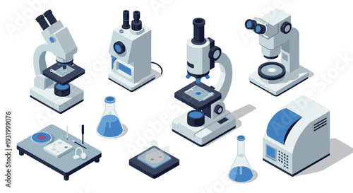 Isometric lab equipment: microscopes and chemical apparatus for scientific research