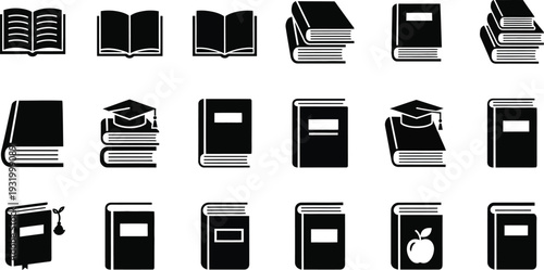 Black and white icons of various books and educational materials in a single row