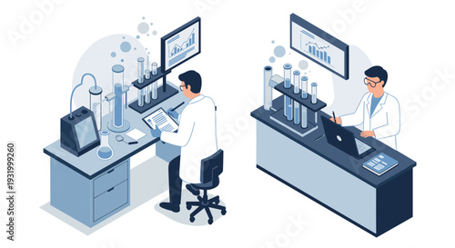 Isometric laboratory scenes: scientists analyzing data and conducting experiments